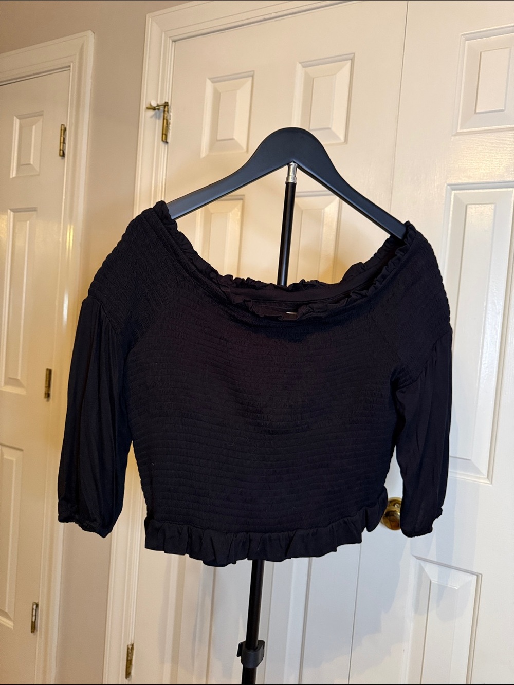 LOFT Beach Black Off-the-Shoulder Smocked Crop Top